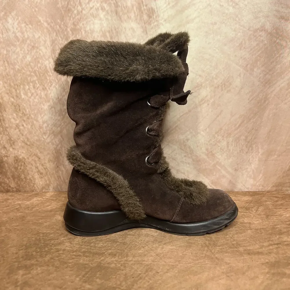 Aerosoles Calf High Faux Fur Suede Lace Up Boots Brown Winter Indie Sleaze Ski
